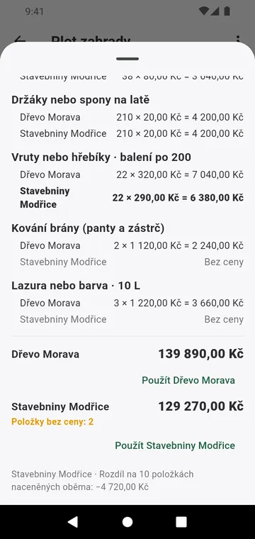 Dva dodavatelé porovnaní řádek po řádku