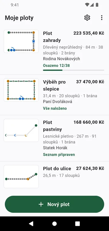 Moje ploty: každý plot se svým nákresem a celkovou částkou