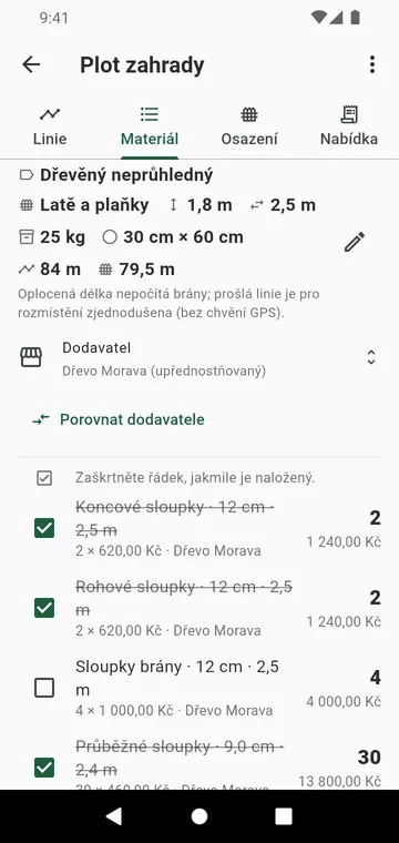 Seznam materiálu: sloupky podle typu, panely, pytle betonu, naceněné