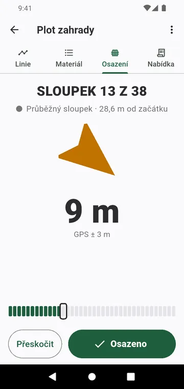 Osazení: další sloupek k osazení, se šipkou a vzdáleností