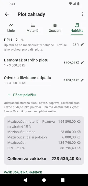 Krok Nabídka: práce, další položky, daň a celkem za zakázku