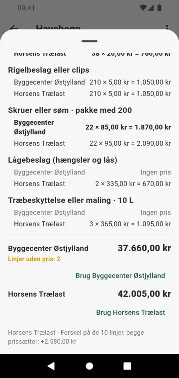 To leverandører sammenlignet linje for linje