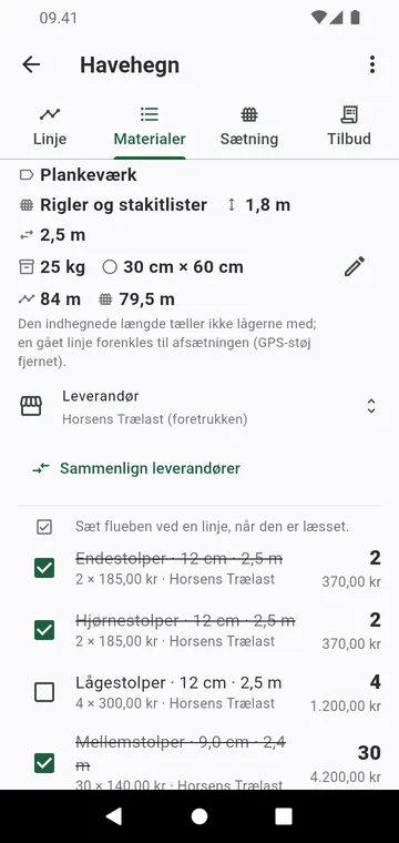 Materialelisten: stolper efter type, sektioner, betonsække, med priser