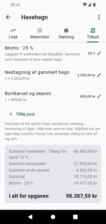 Trinnet Tilbud: arbejdsløn, andre poster, afgift og i alt for opgaven