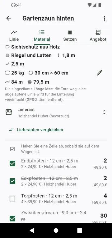 Die Materialliste: Pfosten nach Typ, Zaunfelder, Betonsäcke, mit Preisen