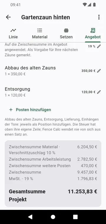 Der Schritt Angebot: Arbeitsleistung, weitere Posten, Steuer und Gesamtsumme