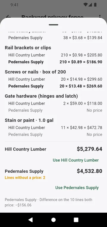 Two suppliers compared line by line
