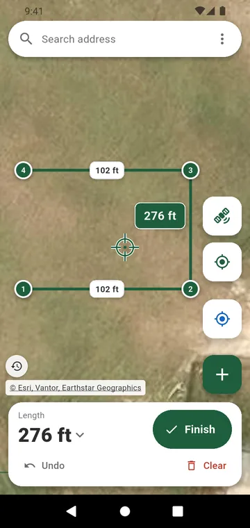 A fence line drawn on the satellite map, with its length