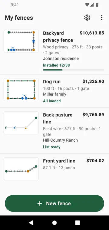 My fences: each fence with its drawing and its total