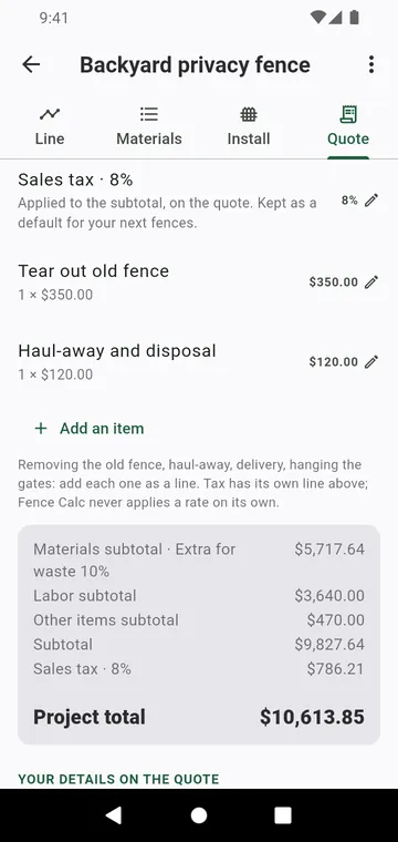 The quote step: labor, other items, tax and the project total