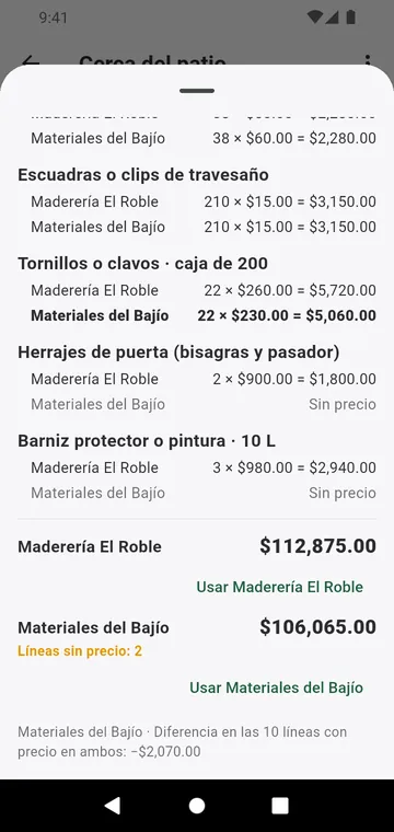 Dos proveedores comparados línea por línea