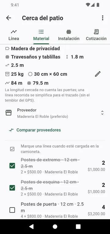 La lista de material: postes por tipo, paneles, bolsas de concreto, con precio