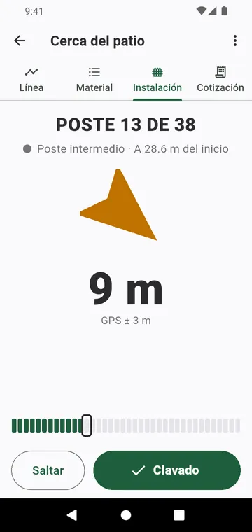 La instalación: el próximo poste por clavar, con una flecha y la distancia