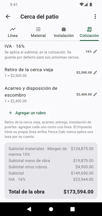 El paso Cotización: mano de obra, otros rubros, impuesto y total de la obra