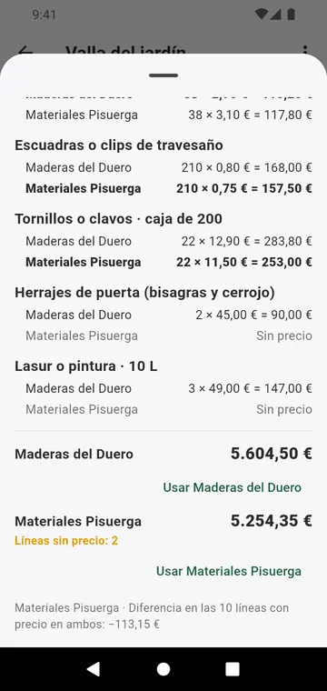 Dos proveedores comparados línea a línea