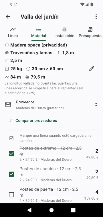 La lista de material: postes por tipo, paneles, sacos de hormigón, con precio