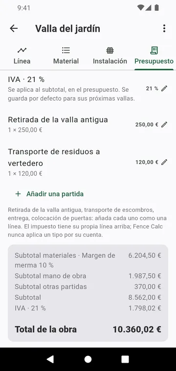 El paso Presupuesto: mano de obra, otras partidas, impuesto y total de la obra