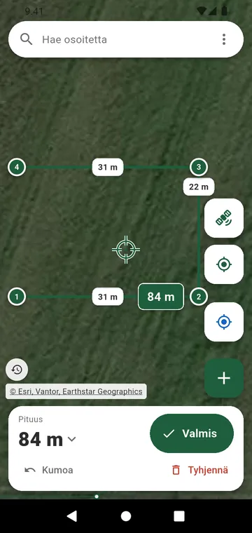 Satelliittikartalle piirretty aitalinja pituuksineen