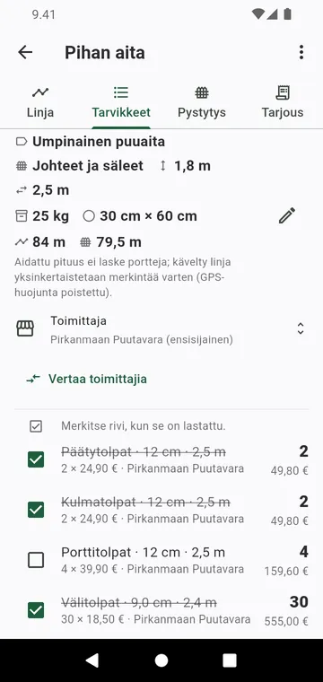 Tarvikelista: tolpat tyypeittäin, paneelit, betonisäkit, hinnoiteltuina