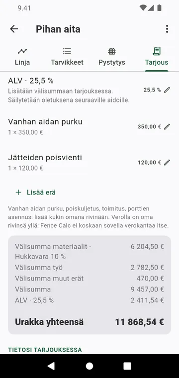 Tarjous-vaihe: työ, muut erät, vero ja urakan loppusumma