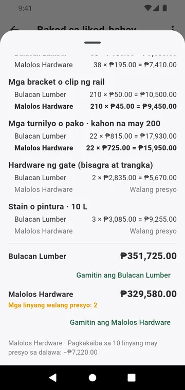 Dalawang supplier na pinaghambing linya por linya