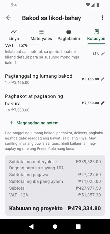 Ang hakbang na Kotasyon: pagawa, iba pang aytem, buwis at kabuuan ng proyekto