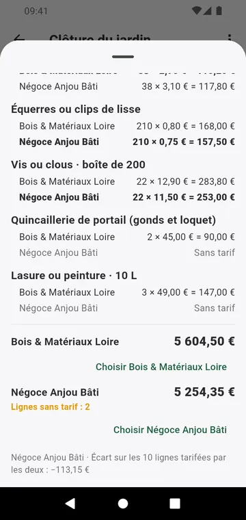 Deux fournisseurs comparés ligne à ligne