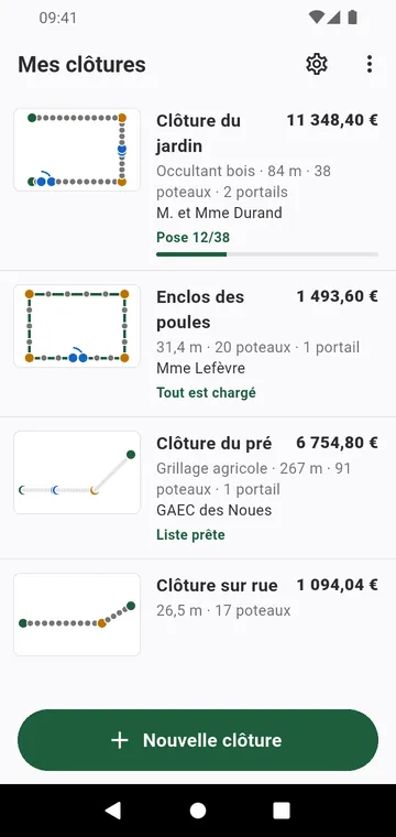 Mes clôtures : chaque clôture avec son dessin et son total