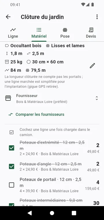 La liste de matériel : poteaux par type, panneaux, sacs de béton, chiffrés