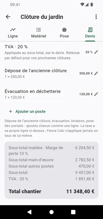 L'étape Devis : main-d'œuvre, autres postes, taxe et total chantier