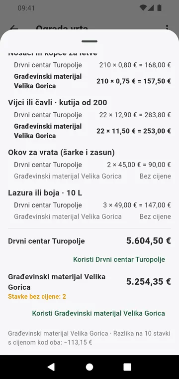 Dva dobavljača uspoređena redak po redak