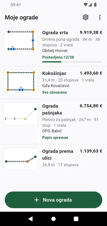 Moje ograde: svaka ograda sa svojim crtežom i ukupnim iznosom