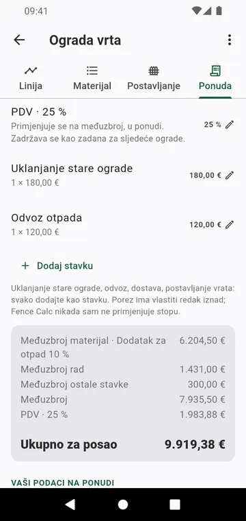 Korak Ponuda: rad, ostale stavke, porez i ukupno za posao