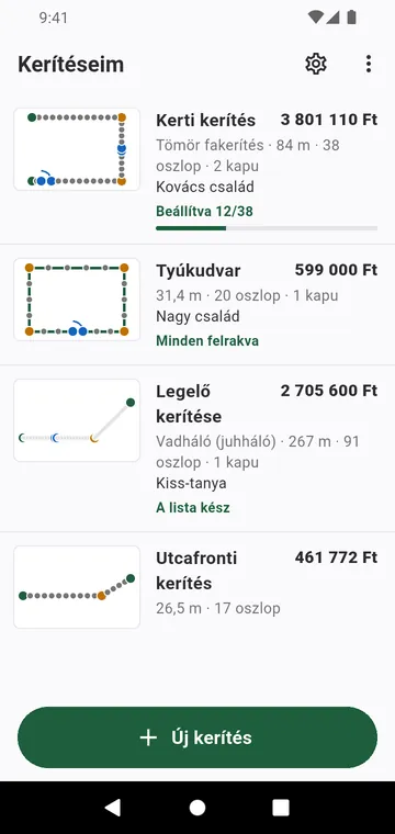 Kerítéseim: minden kerítés a rajzával és a végösszegével