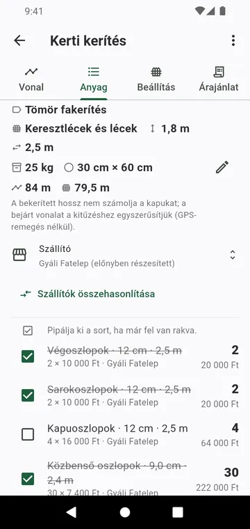Az anyaglista: oszlopok típus szerint, panelek, betonzsákok, beárazva