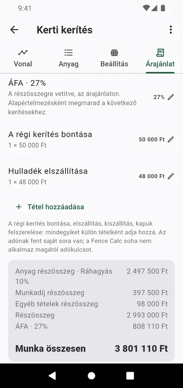 Az Árajánlat lépés: munkadíj, egyéb tételek, adó és a munka összesen