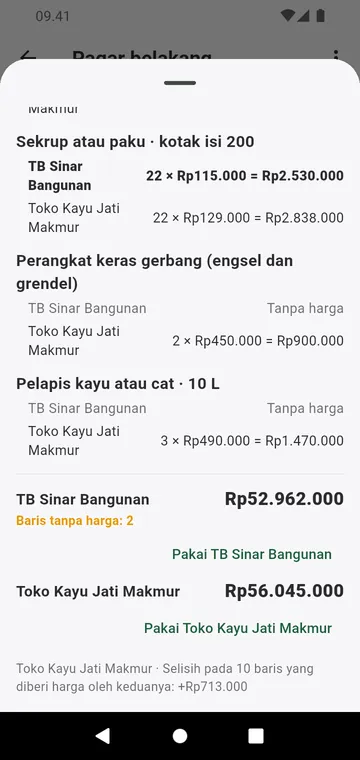 Dua pemasok dibandingkan baris demi baris