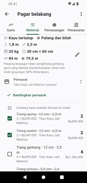 Daftar material: tiang per jenis, panel, sak beton, lengkap dengan harga