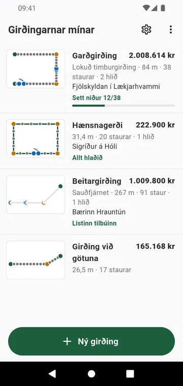 Girðingarnar mínar: hver girðing með teikningu sinni og samtölu