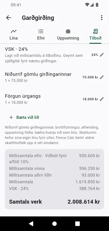 Skrefið Tilboð: vinna, aðrir liðir, skattur og heildarupphæð verksins