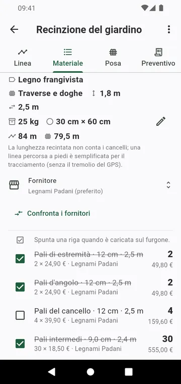 La lista del materiale: pali per tipo, pannelli, sacchi di calcestruzzo, con i prezzi