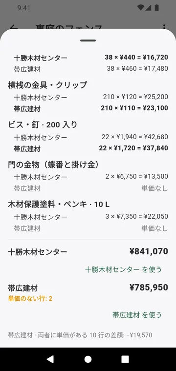 2つの仕入先を行ごとに比較