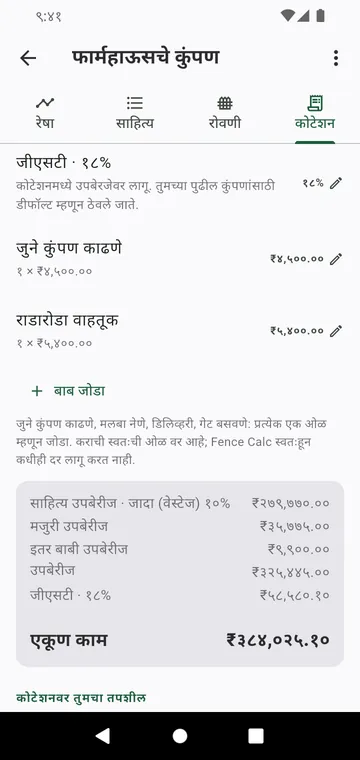 कोटेशनची पायरी: मजुरी, इतर बाबी, कर आणि एकूण काम