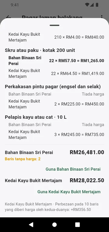 Dua pembekal dibandingkan baris demi baris