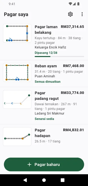 Pagar saya: setiap pagar dengan lakarannya dan jumlahnya