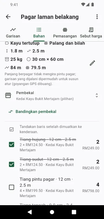 Senarai bahan: tiang mengikut jenis, panel, beg konkrit, berserta harga