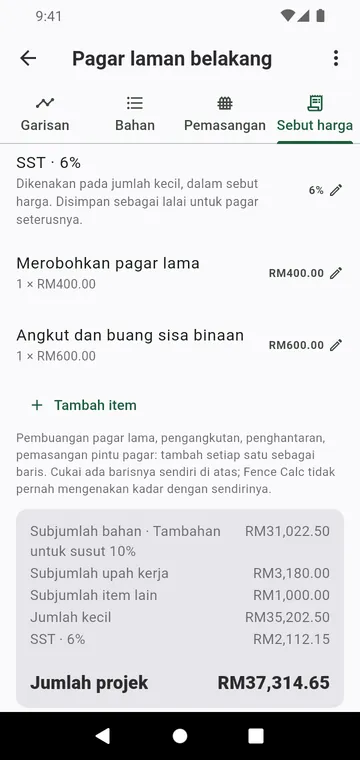 Langkah Sebut harga: upah kerja, item lain, cukai dan jumlah projek