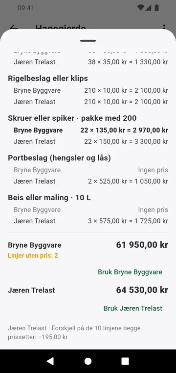 To leverandører sammenlignet linje for linje