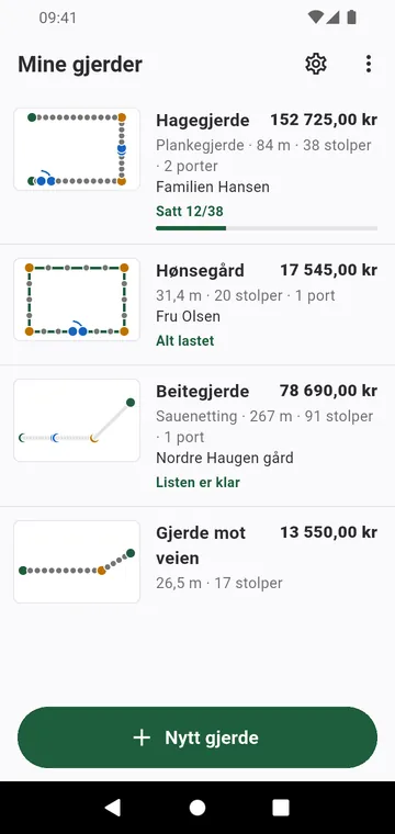 Mine gjerder: hvert gjerde med tegningen og totalen sin