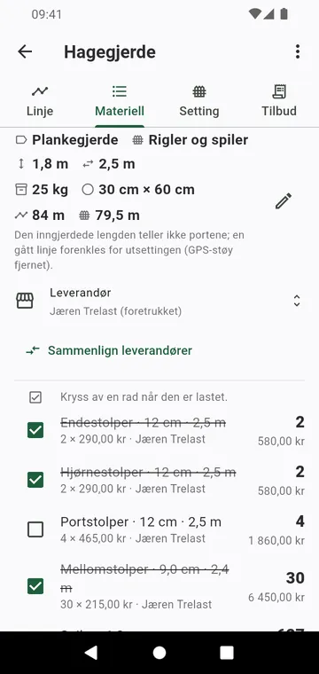 Materiallisten: stolper etter type, seksjoner, betongsekker, med priser